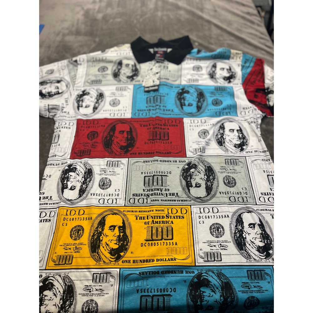 Five Elementz Mens 4XL $100 Bill Money Print Polo‎ Shirt Streetwear Multi-Color
